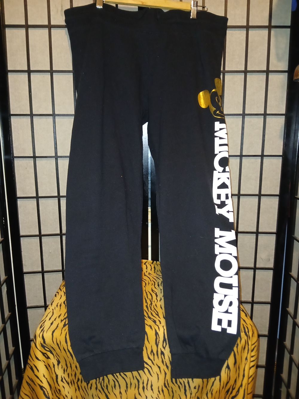 Disney Black Track Pants with Gold Accent and White Mickey Mouse Print